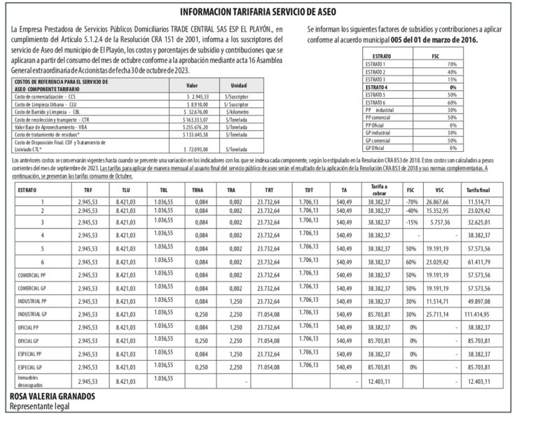 Información Tarifaria Servicio de Aseo