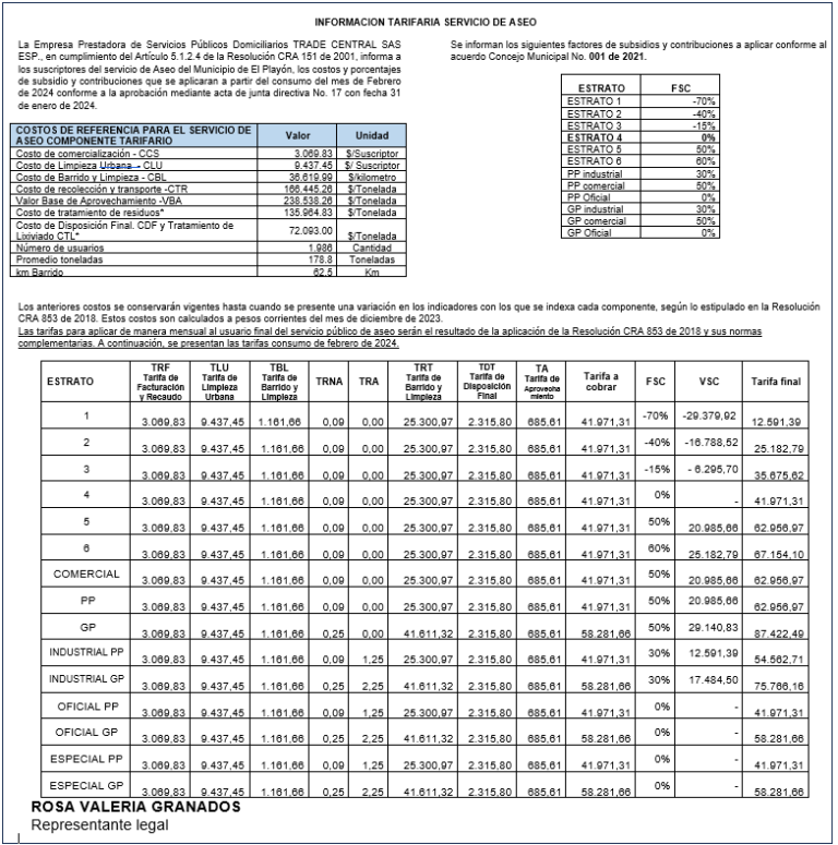 Información Tarifaria Servicio de Aseo