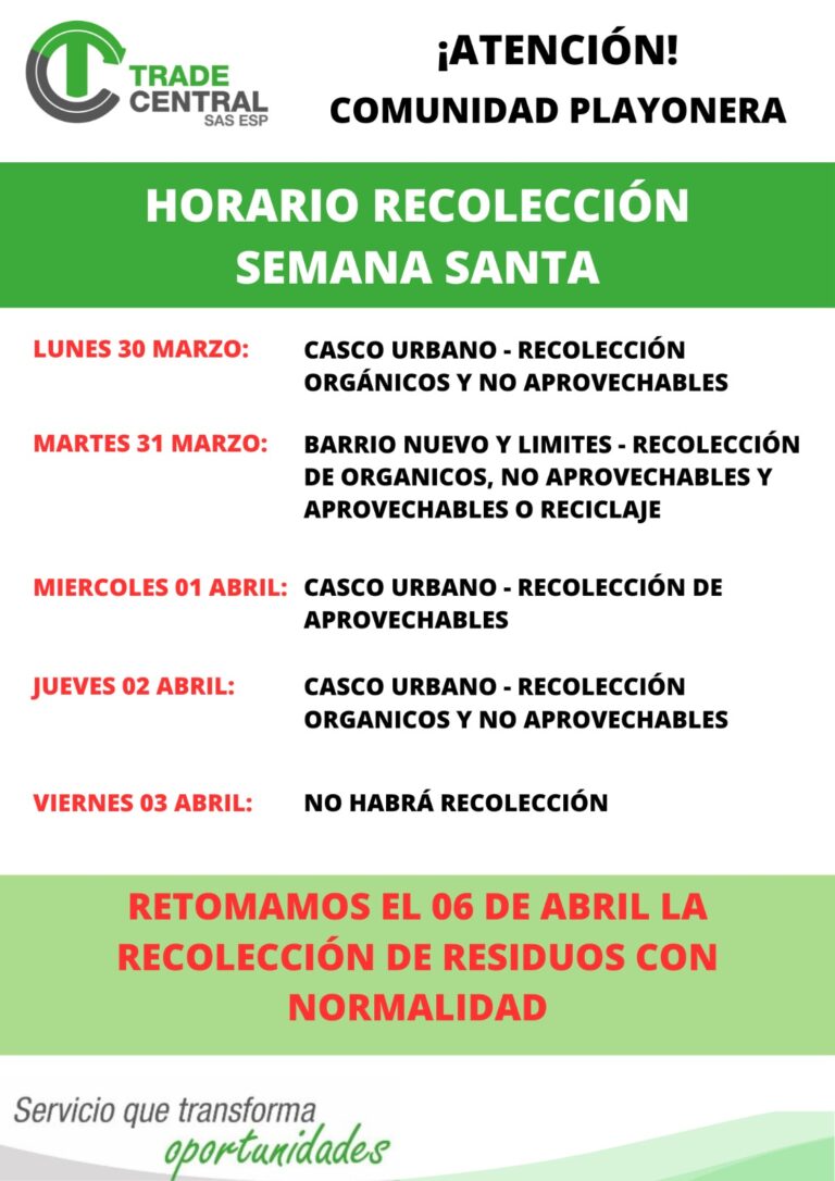 HORARIO DE RECOLECCIÓN SEMANA SANTA 2026